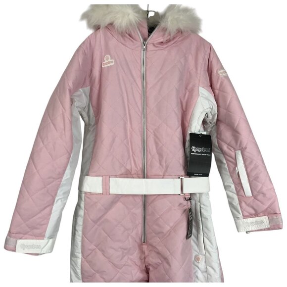 Tipsy Elves Ski Snow Suit Womens Size Large L Powder Pink Faux Fur Retro - Picture 5 of 11